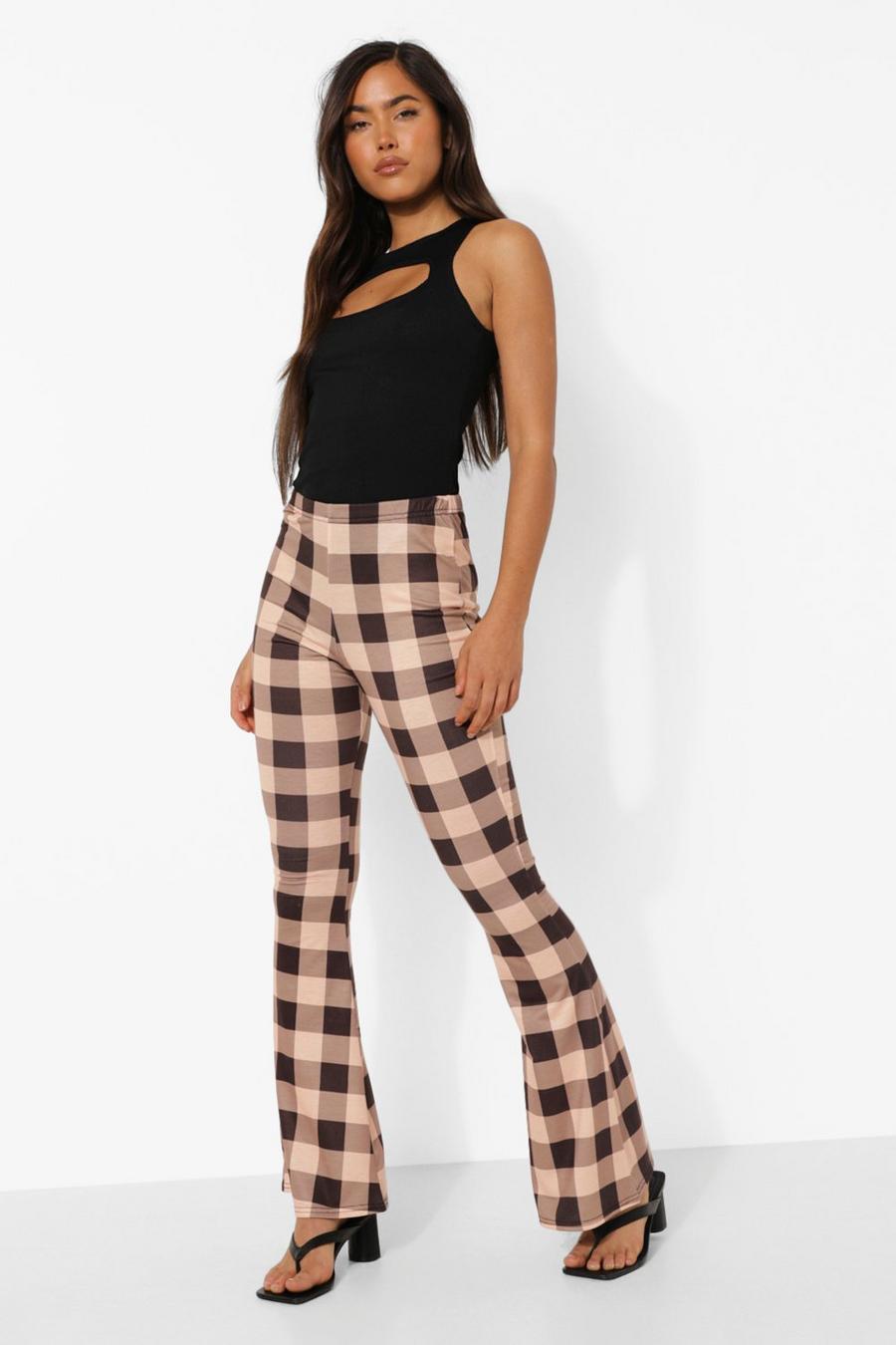 Brown Tonal Gingham Check Jersey Flares image number 1