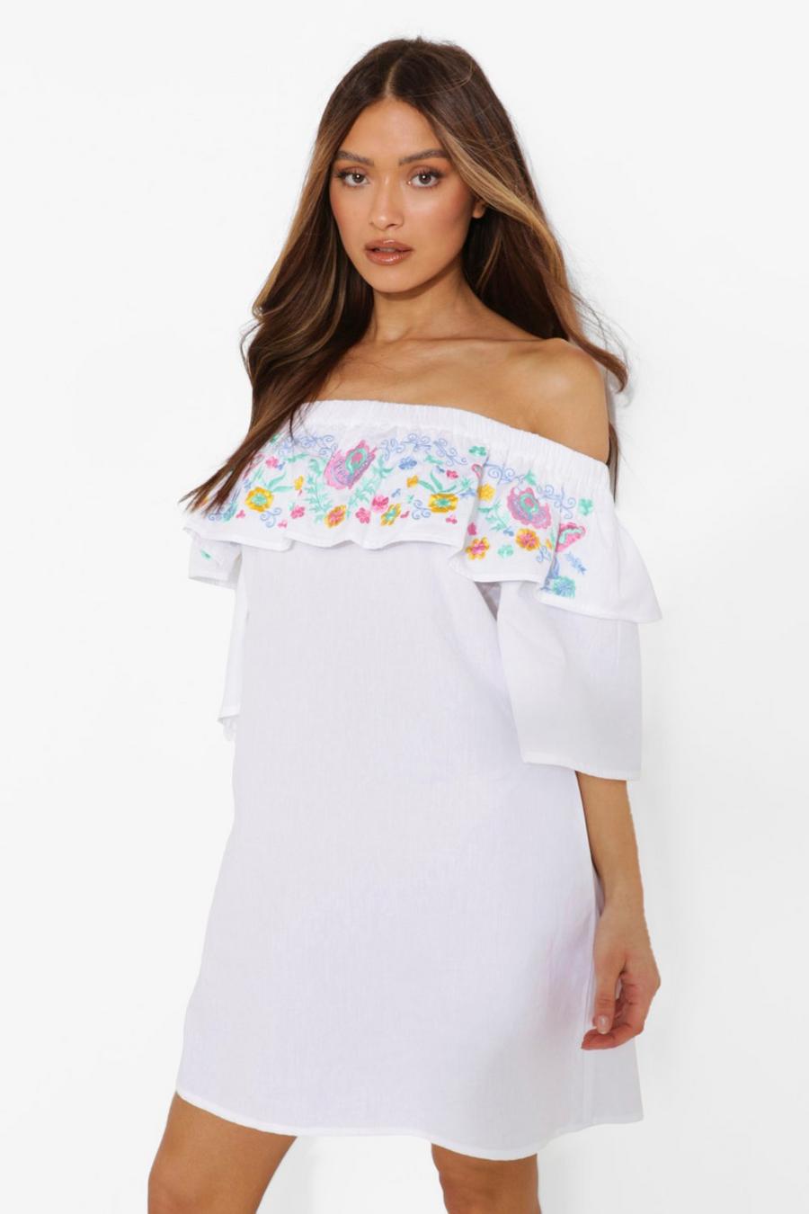 White Embroidered Cotton Off The Shoulder Shift Dress image number 1