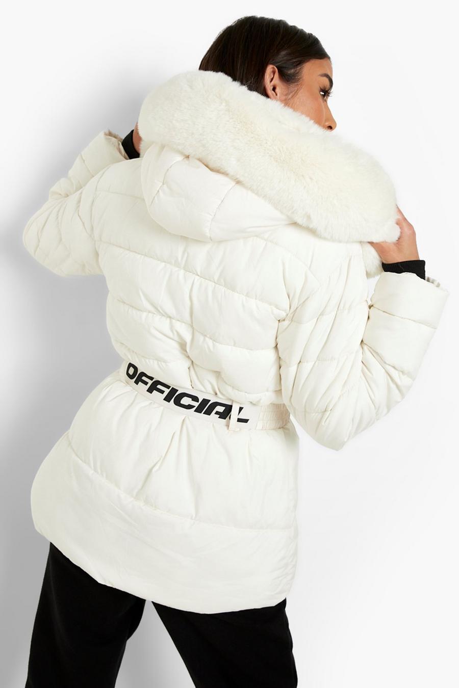 White Faux Fur Trim Belted Puffer Jacket image number 1