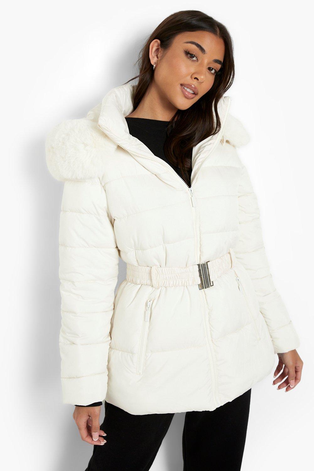 Faux Fur Trim Belted Puffer Jacket boohoo NO