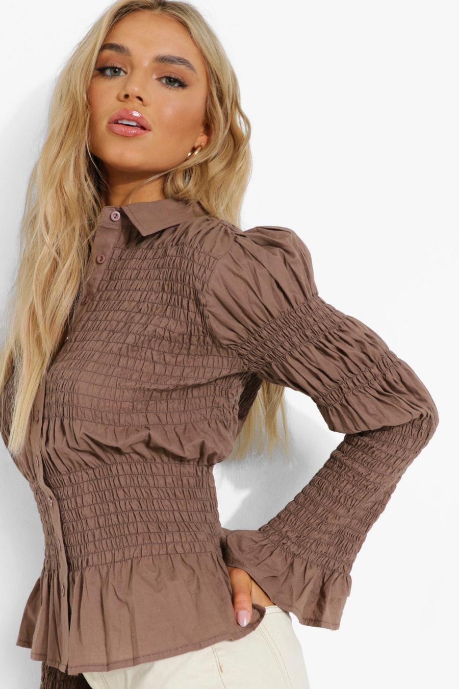 Chocolate Plisse Button Up Frill Shirt image number 1