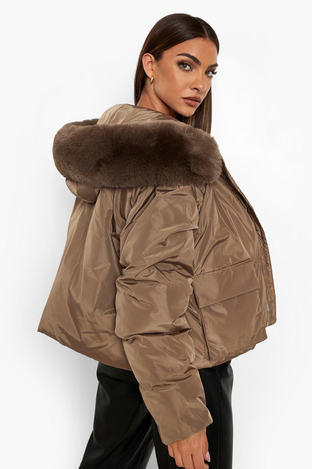 Hooded faux discount fur bomber jacket