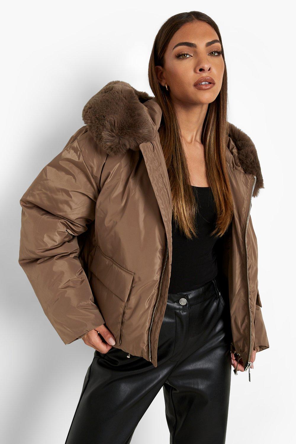 brown faux fur bomber jacket