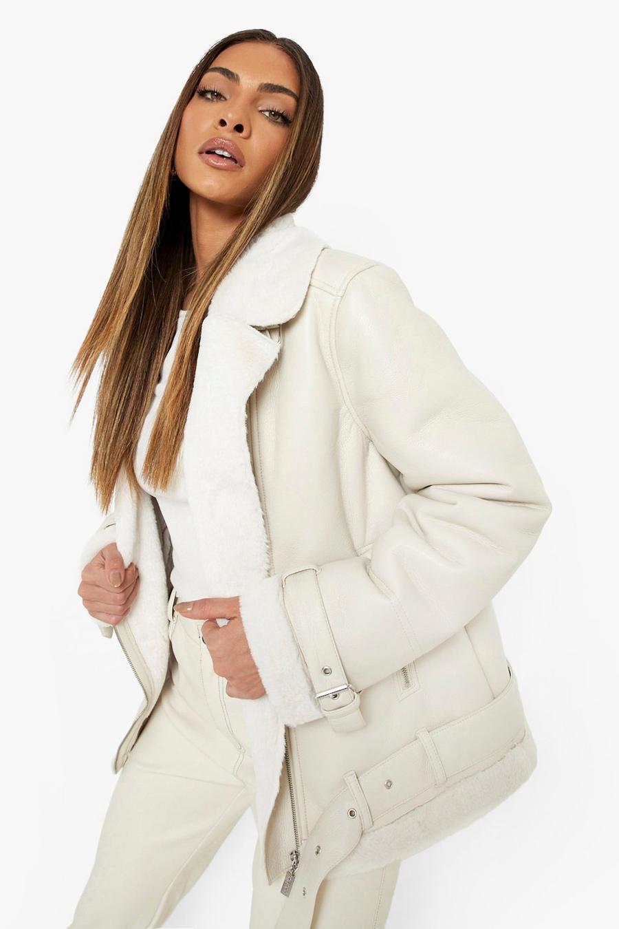 Cream white Faux Leather Lined Oversized Aviator Jacket