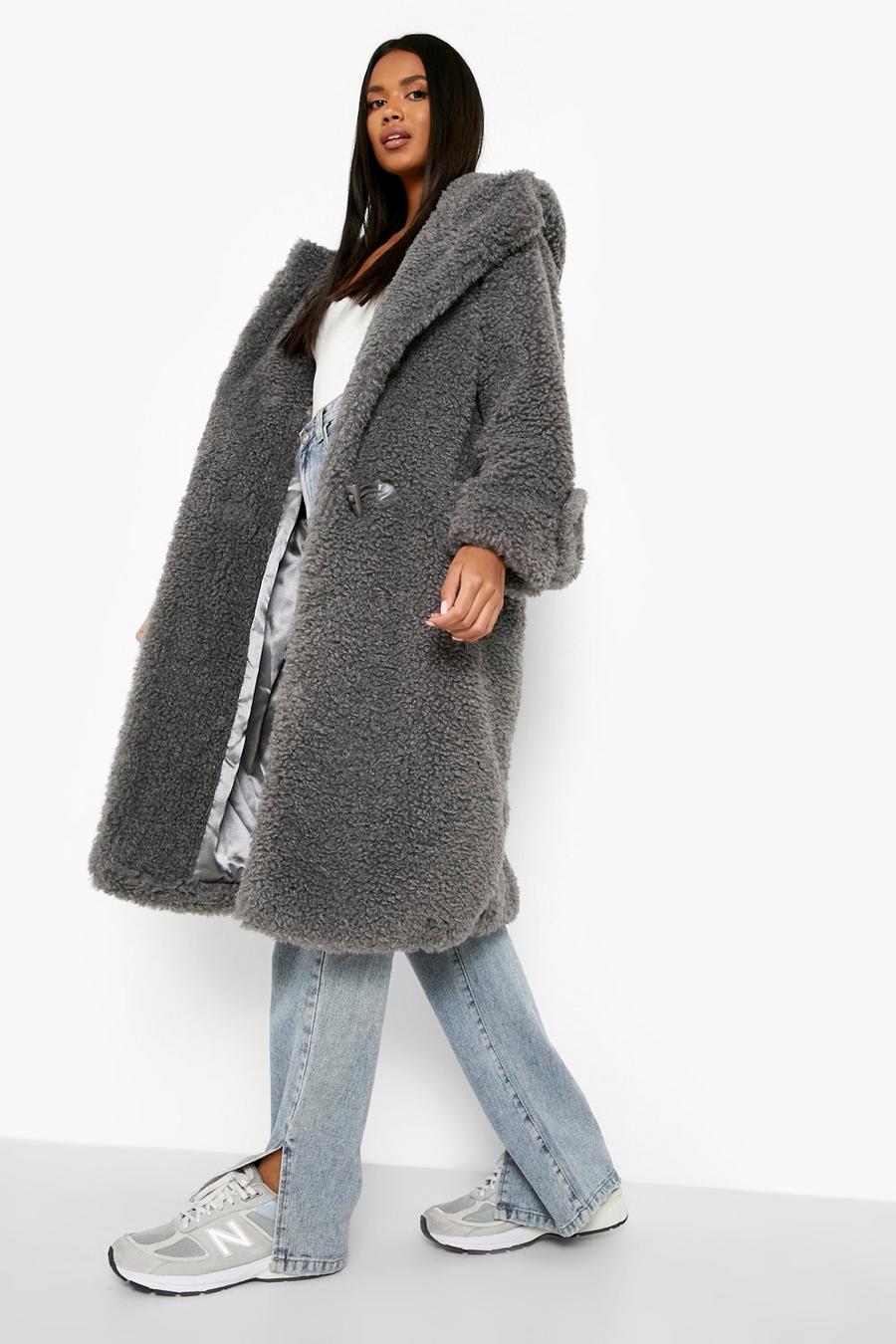Cappotto oversize in pile borg con cappuccio e fermacorde, Charcoal grey