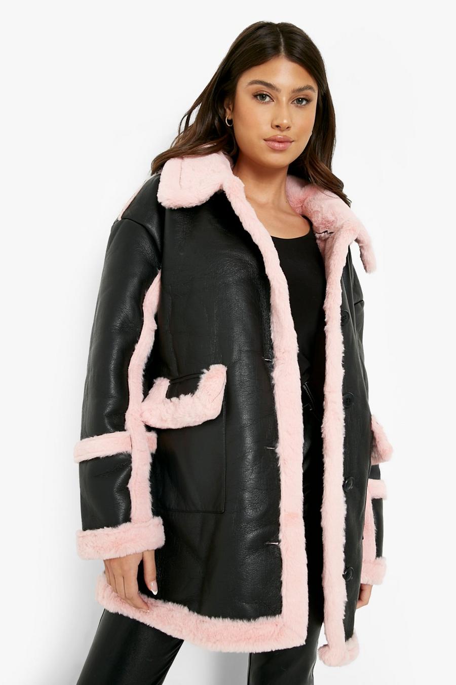 Pink Faux Fur Trim Longline Aviator Jacket image number 1