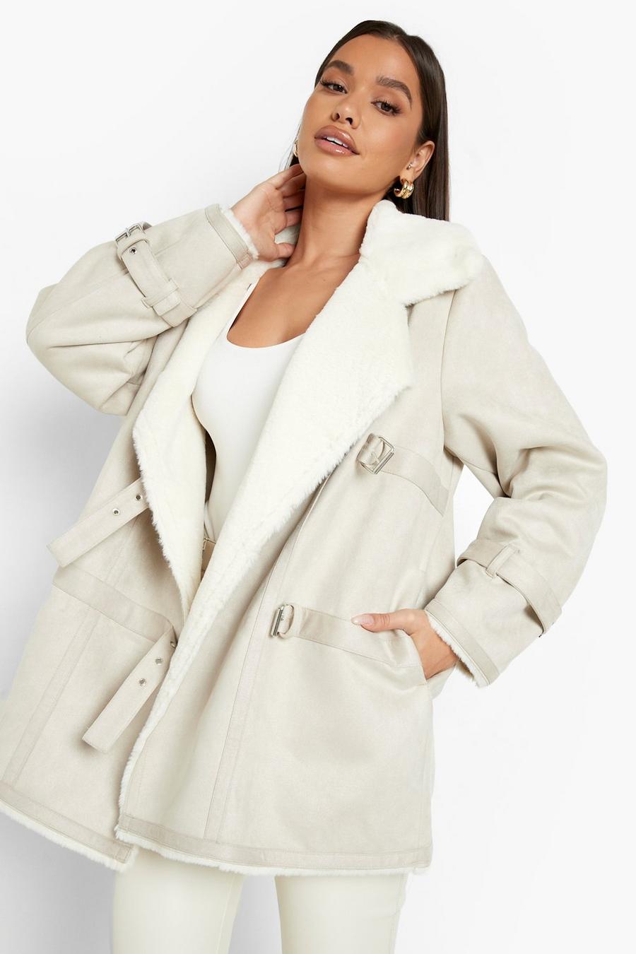 Cream white Faux Fur Lined Buckle Detail Aviator Jacket image number 1