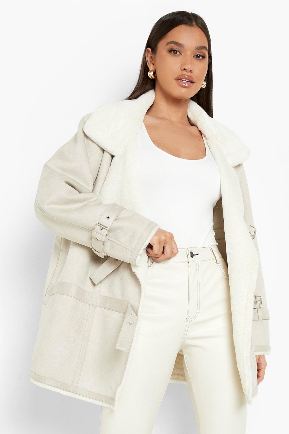 Faux Fur Lined Zip Detail Aviator Jacket in Ivory - Roman Originals UK