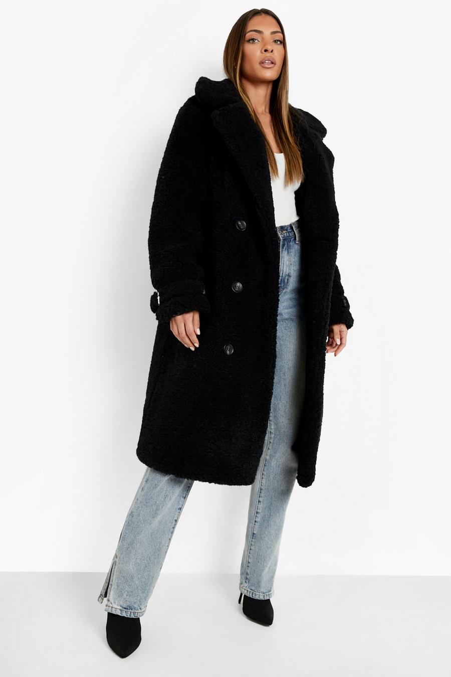 Black Faux Fur Cuff Detail Longline Coat
