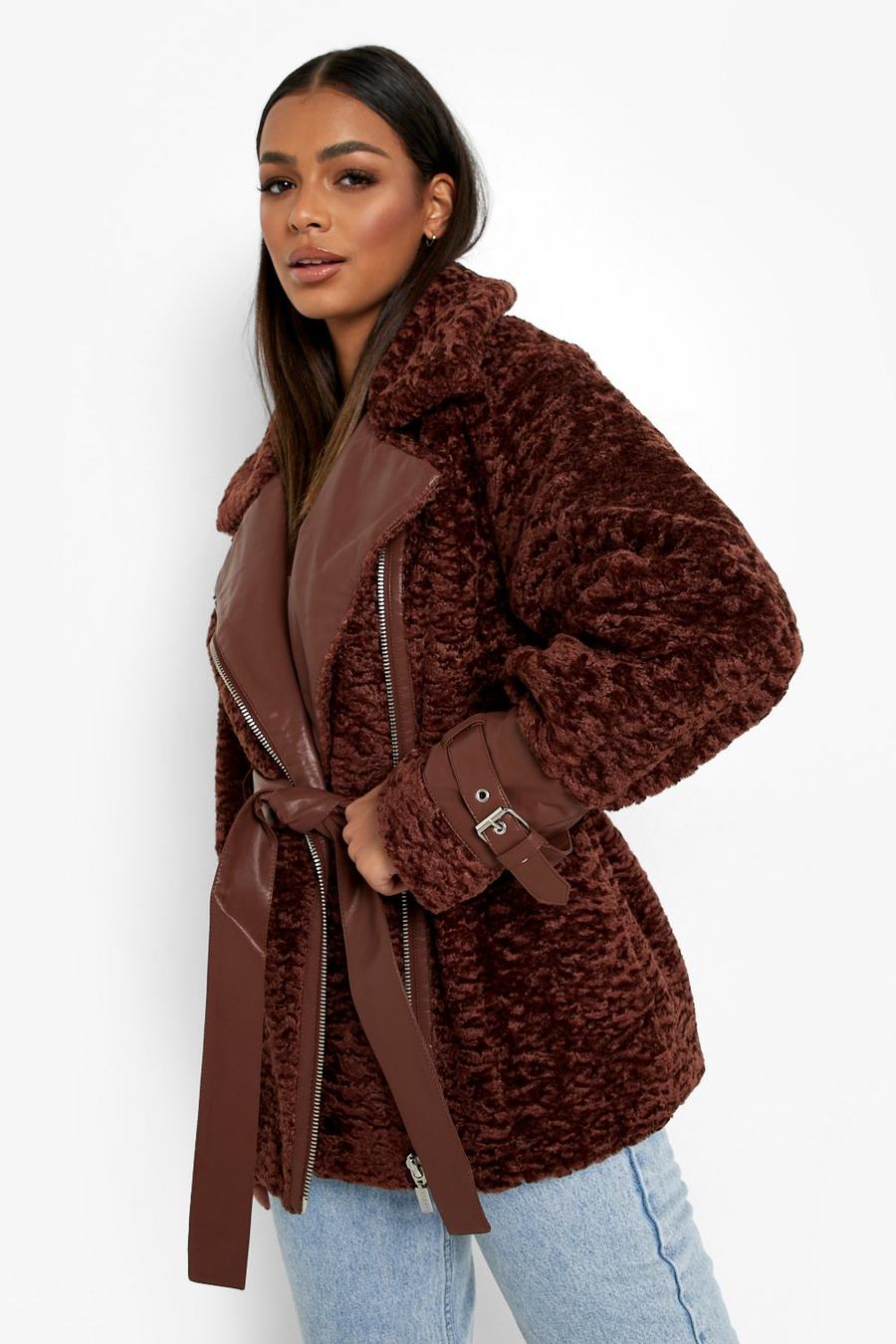 Chocolate brown Teddy Faux Fur Belted Aviator Jacket image number 1