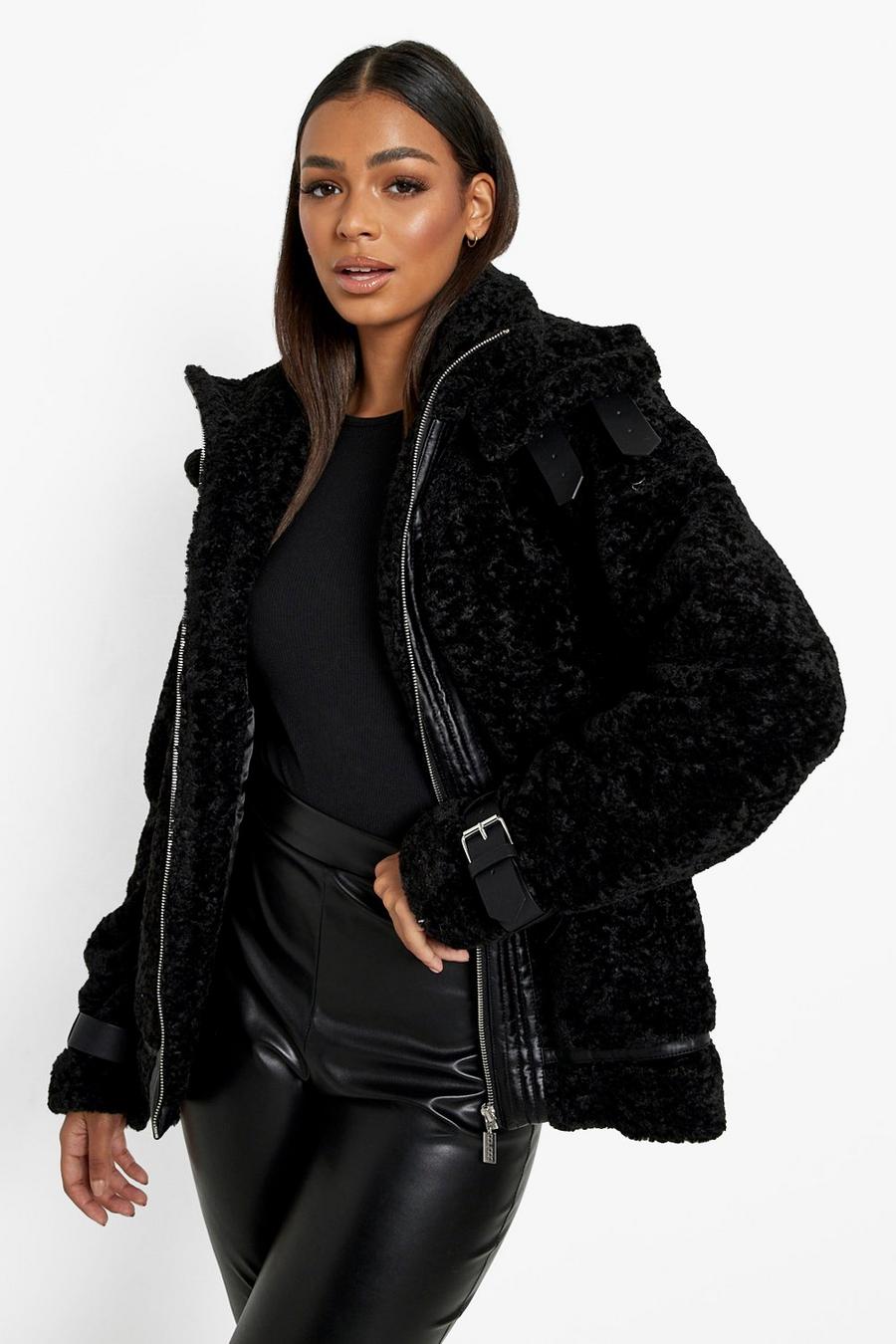Black Teddy Faux Fur Double Collar Aviator Jacket image number 1