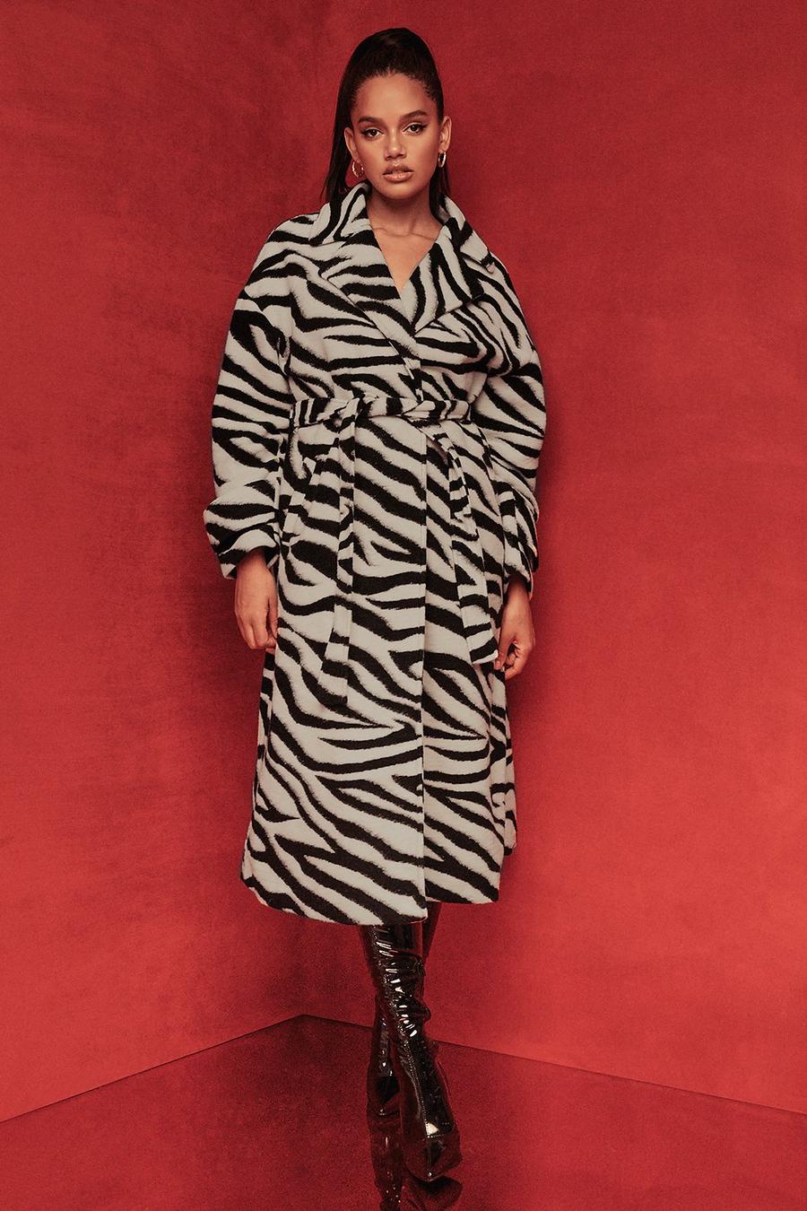 Black Zebra Belted Wool Look Coat image number 1
