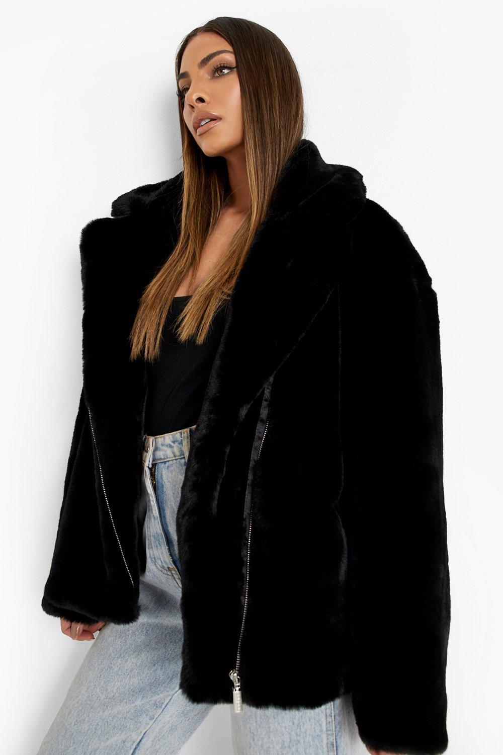 Boohoo black fur on sale coat