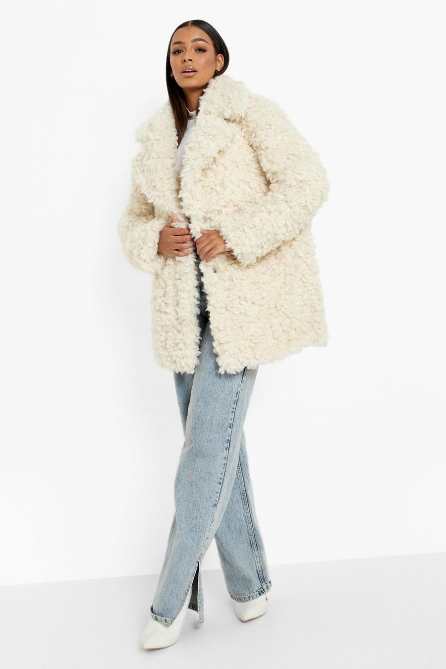 Cream white Teddy Faux Fur Collared Coat image number 1