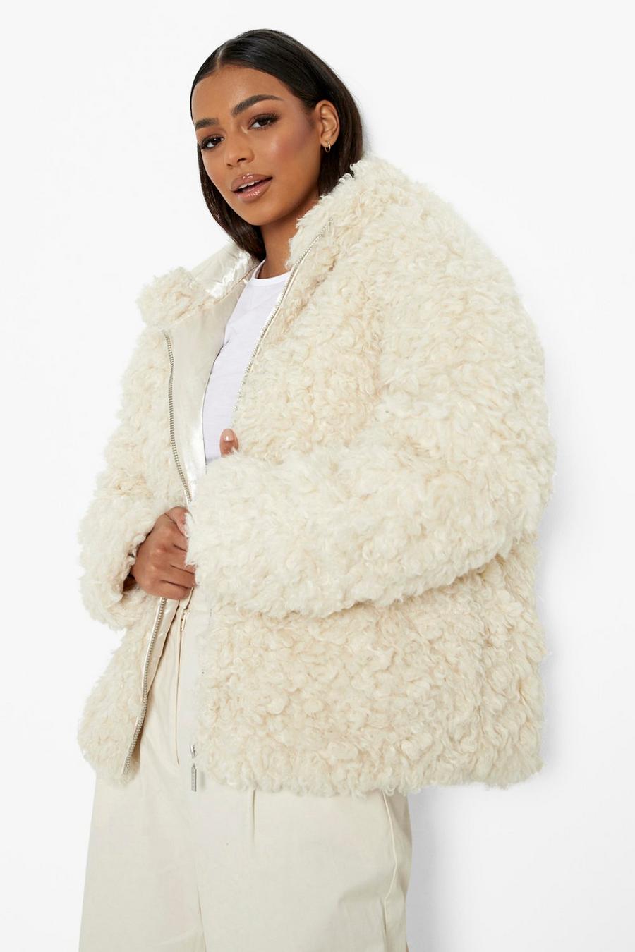 Cream white Teddy Faux Fur Hooded Jacket