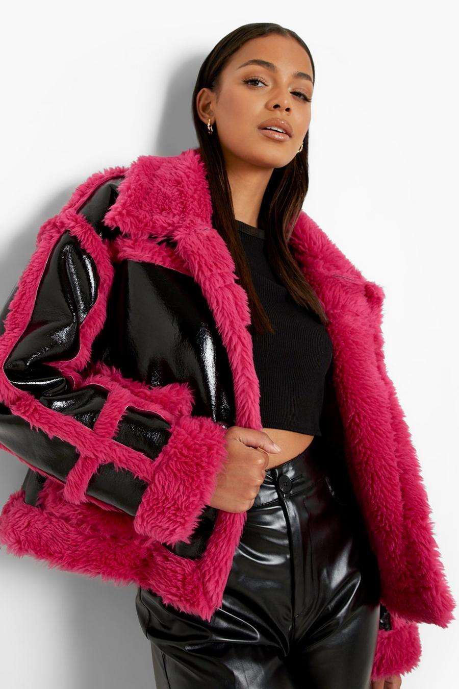 Pink Faux Fur Trim High Shine Aviator Jacket image number 1