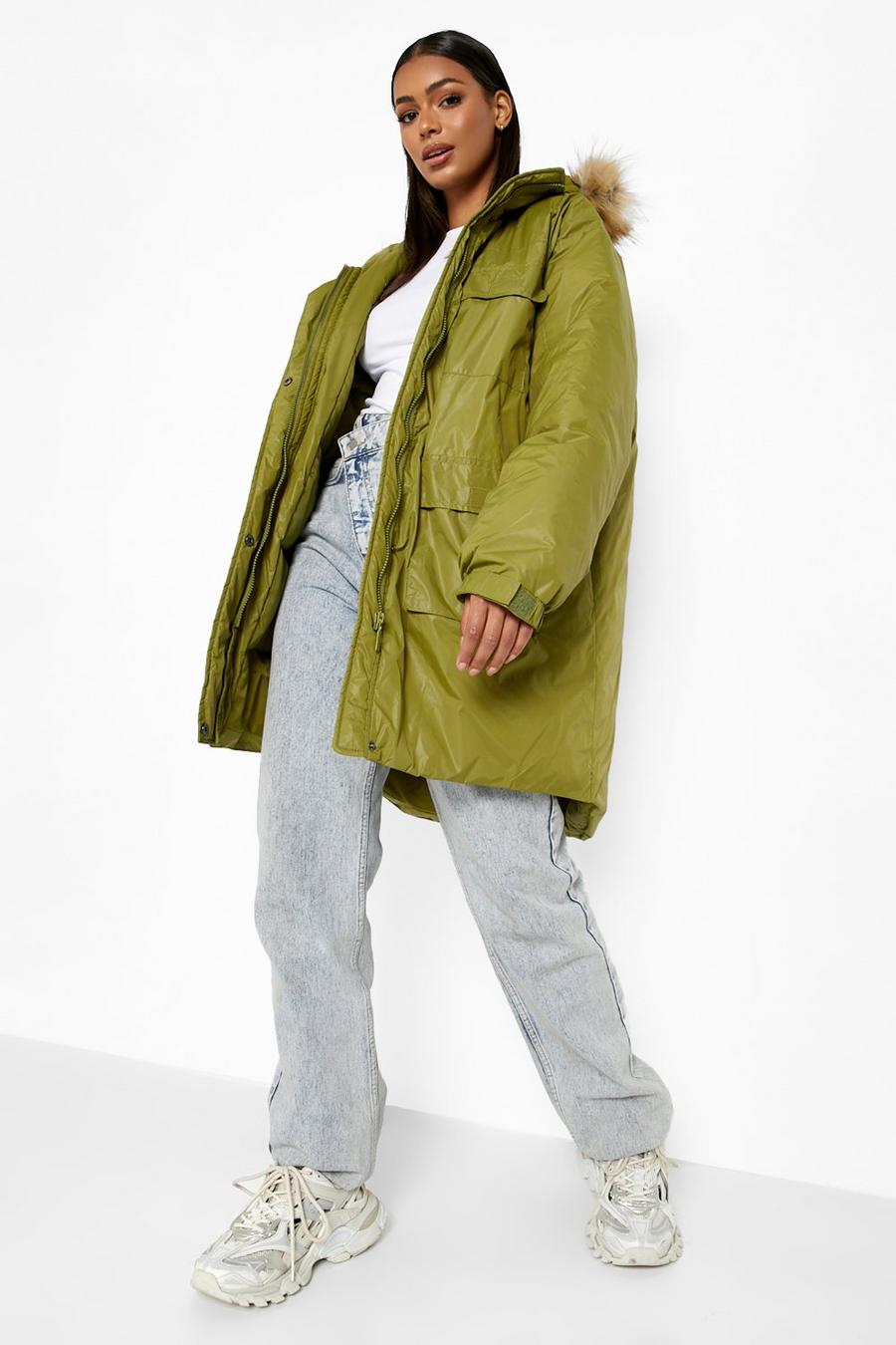 Khaki Faux Fur Hooded Parka image number 1