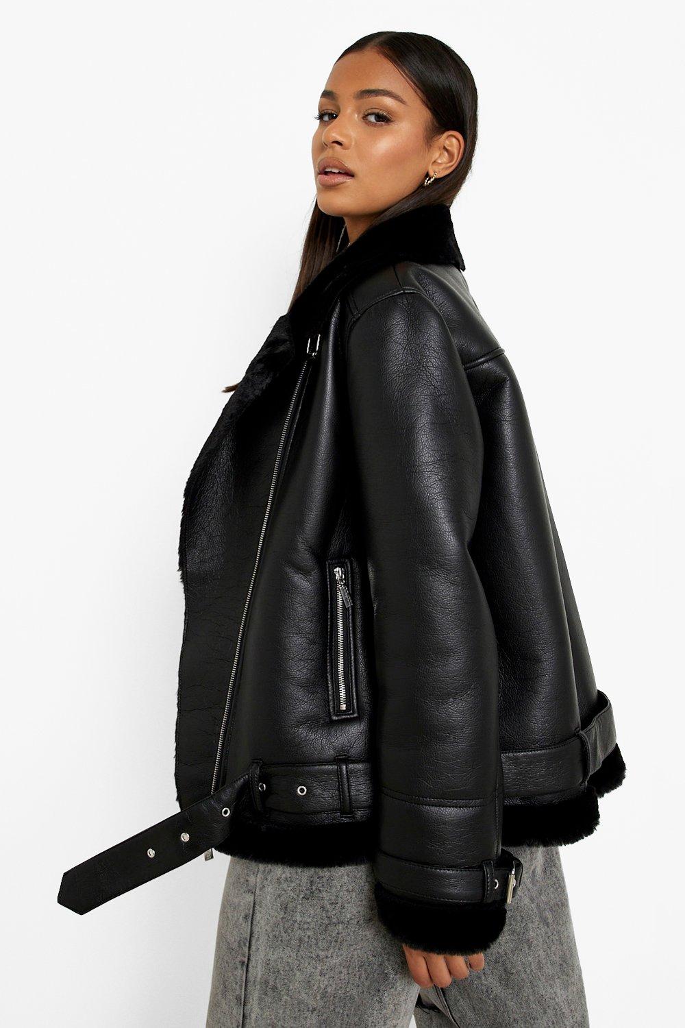 Women's Faux Leather Lined Oversized Aviator Jacket