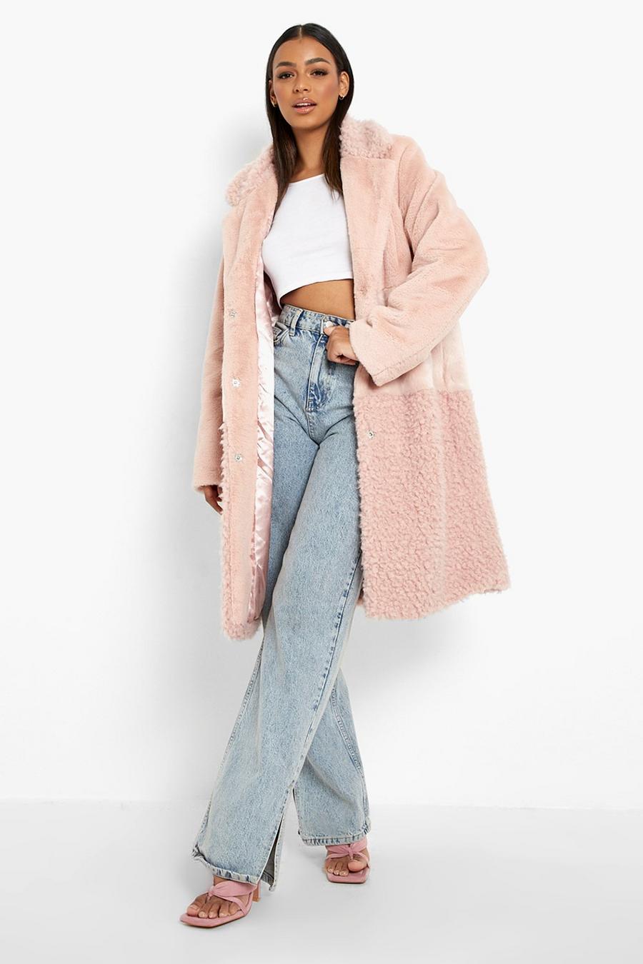 Pink Faux Fur Contrast Texture Coat