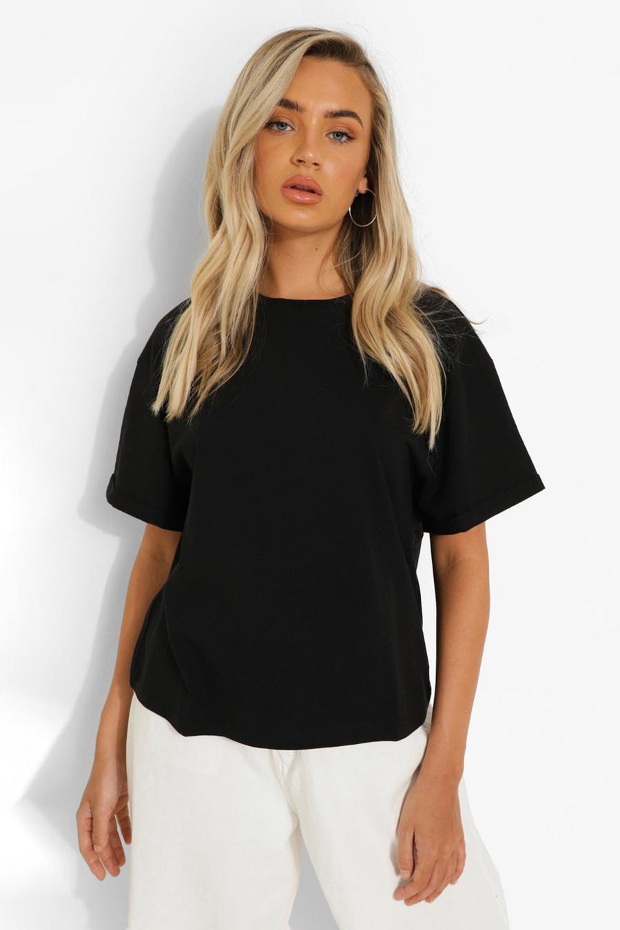Black Roll Sleeve Oversized Cropped T Shirt image number 1