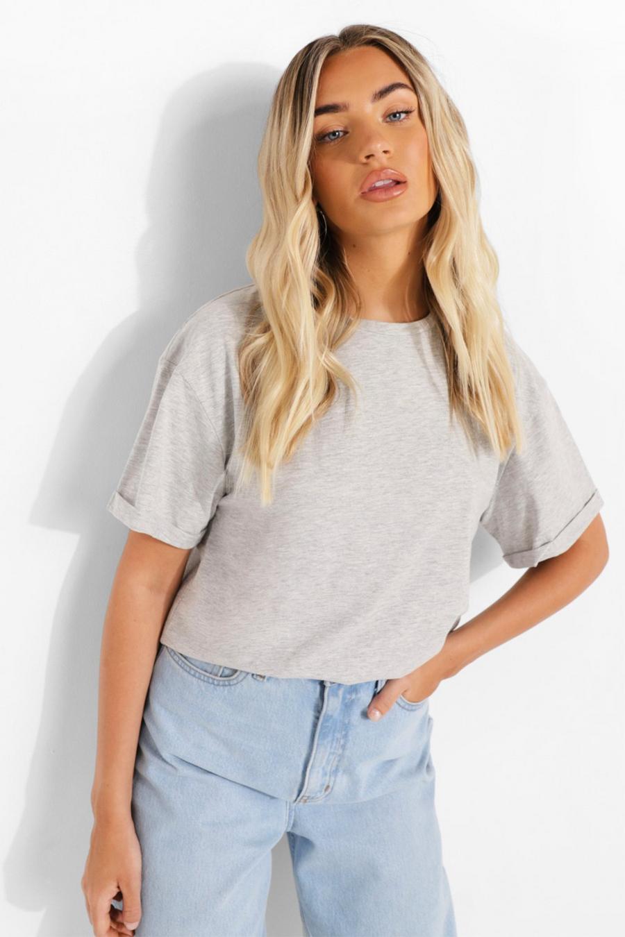 Grey marl Roll Sleeve Oversized Cropped T Shirt image number 1