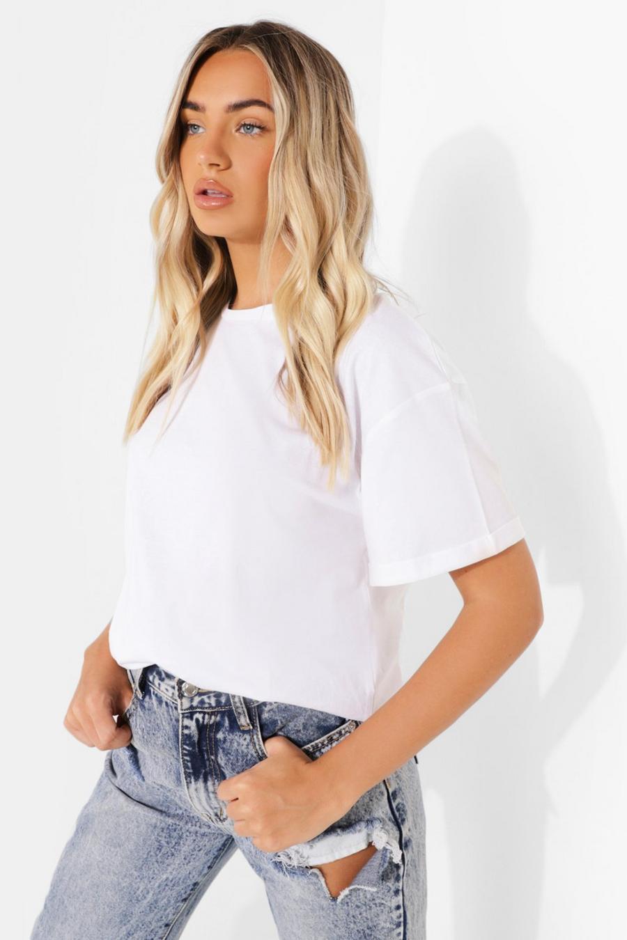 White Roll Sleeve Oversized Cropped T Shirt image number 1