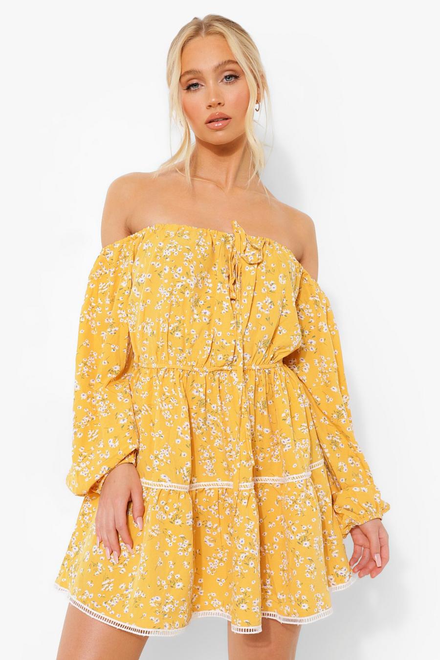 Yellow Floral Print Bardot Puff Sleeve Skater Dress