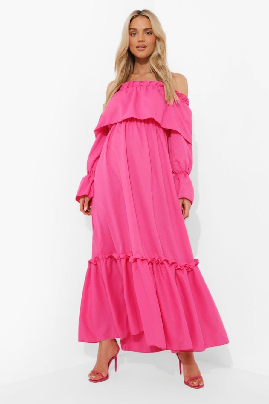 Hot pink Cold Shoulder Ruffle Maxi Dress image number 1