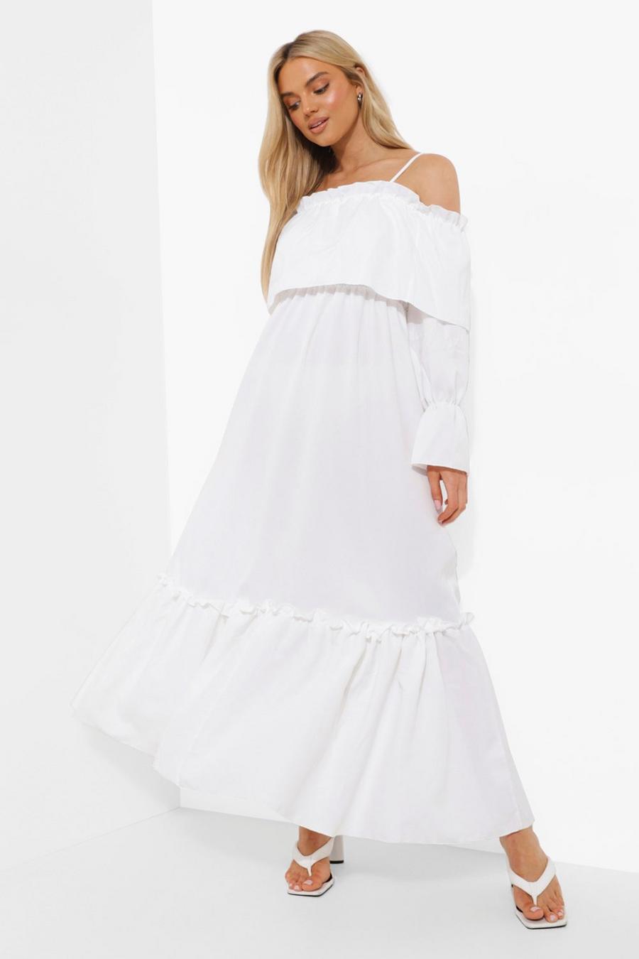 White Cold Shoulder Ruffle Maxi Dress image number 1