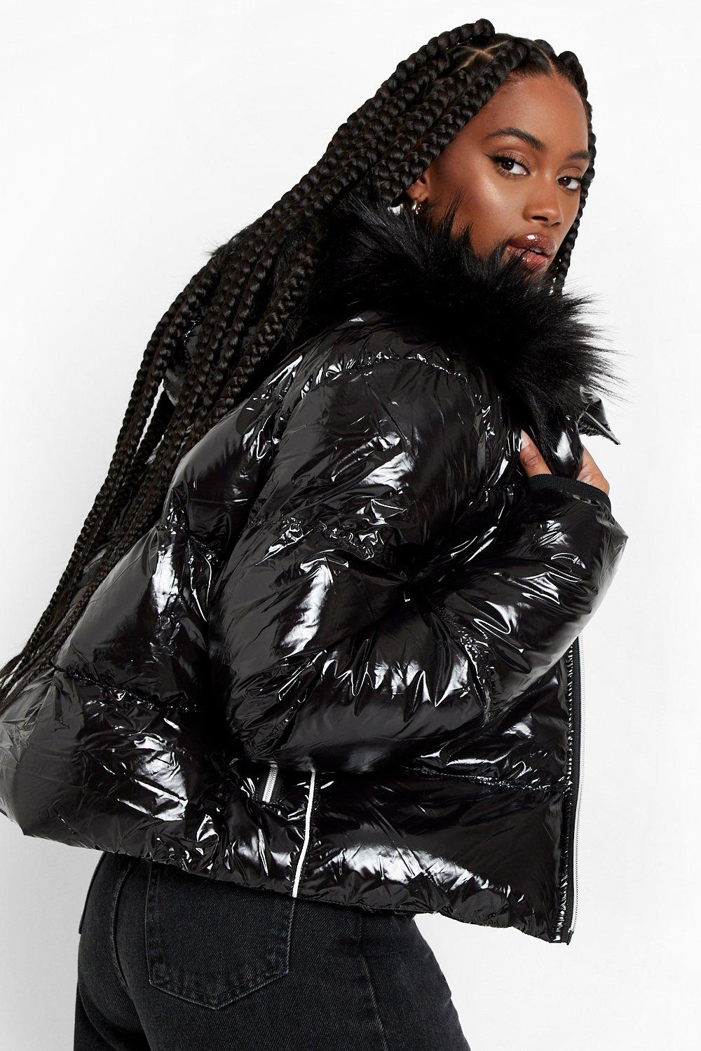 Crop vinyl faux cheap fur trim puffer jacket