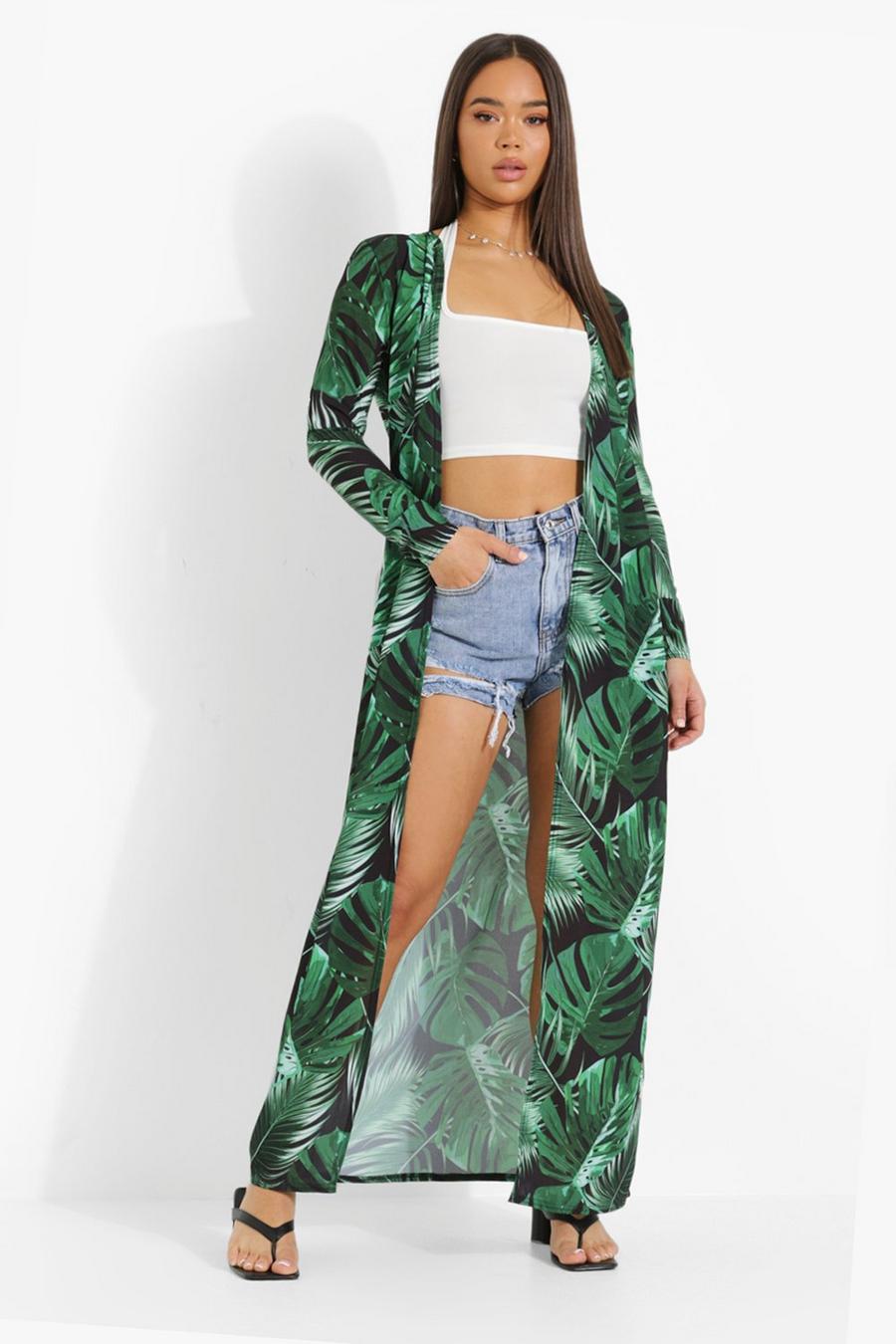 Kimono maxi con estampado de palmeras, Verde image number 1