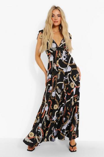 Black Nautical Print Tie Shoulder Plunge Maxi Dress