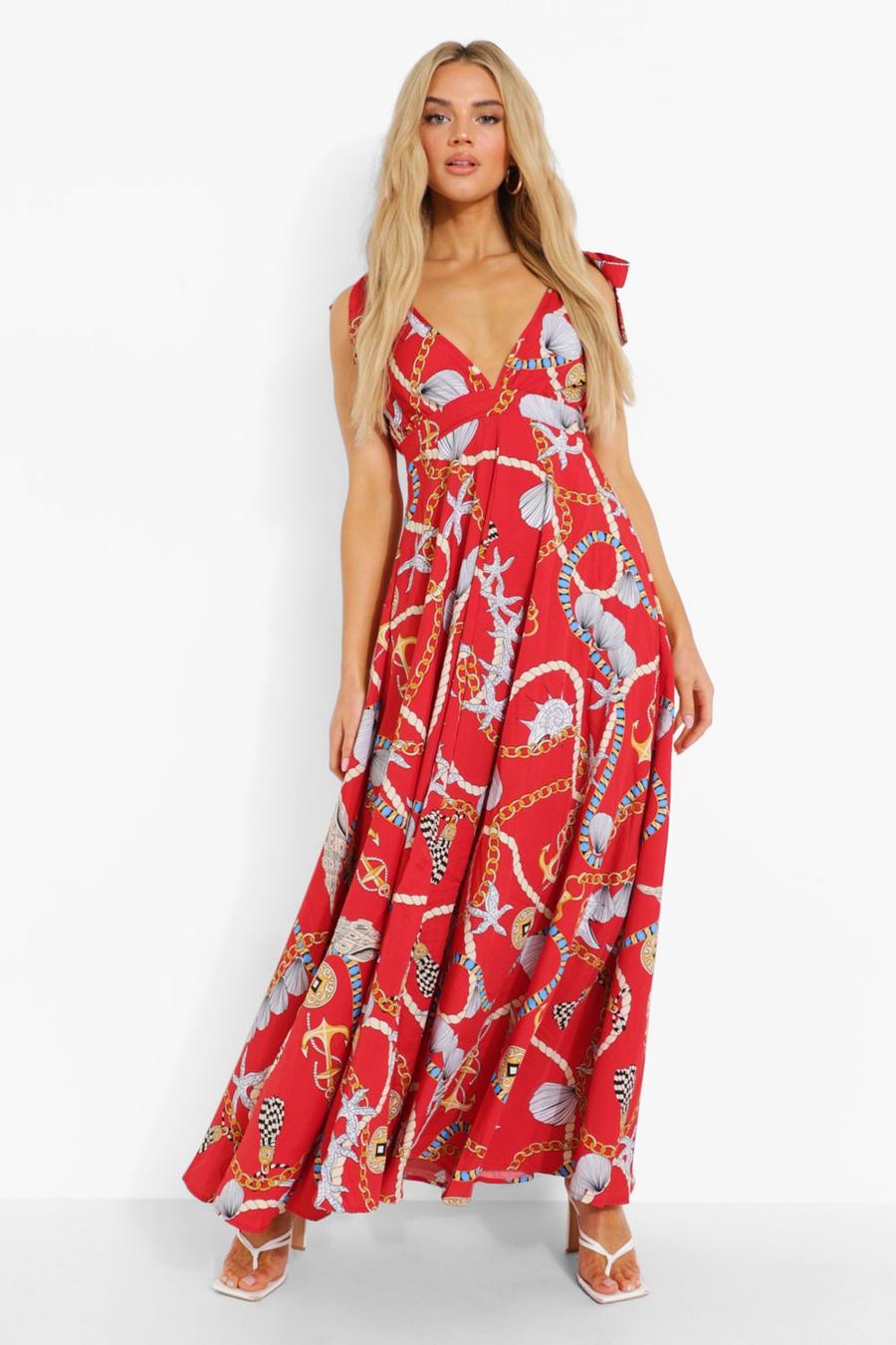 Red Nautical Print Tie Shoulder Plunge Maxi Dress image number 1