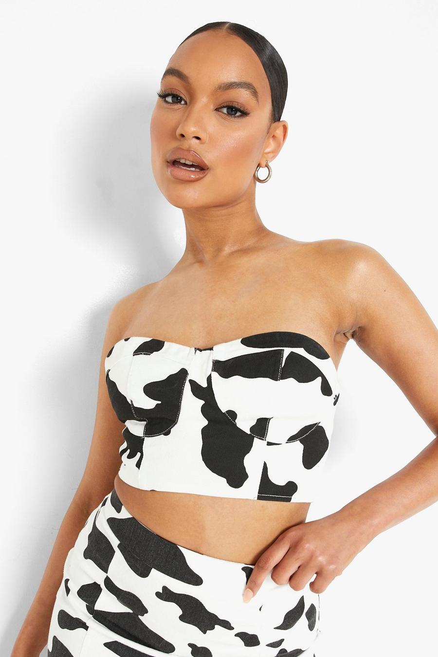 White Cow Print Denim Cupped Corset image number 1