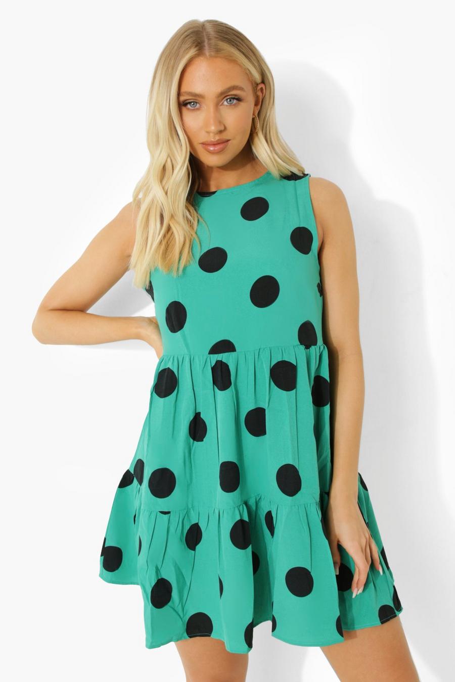 Green Polka Dot Tiered Smock Dress