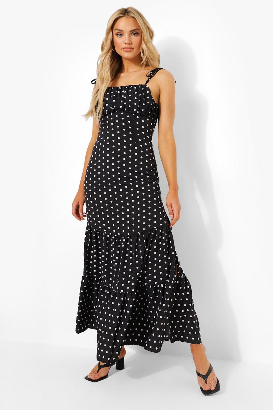Black Polka Dot Ruched Bust Maxi Dress image number 1