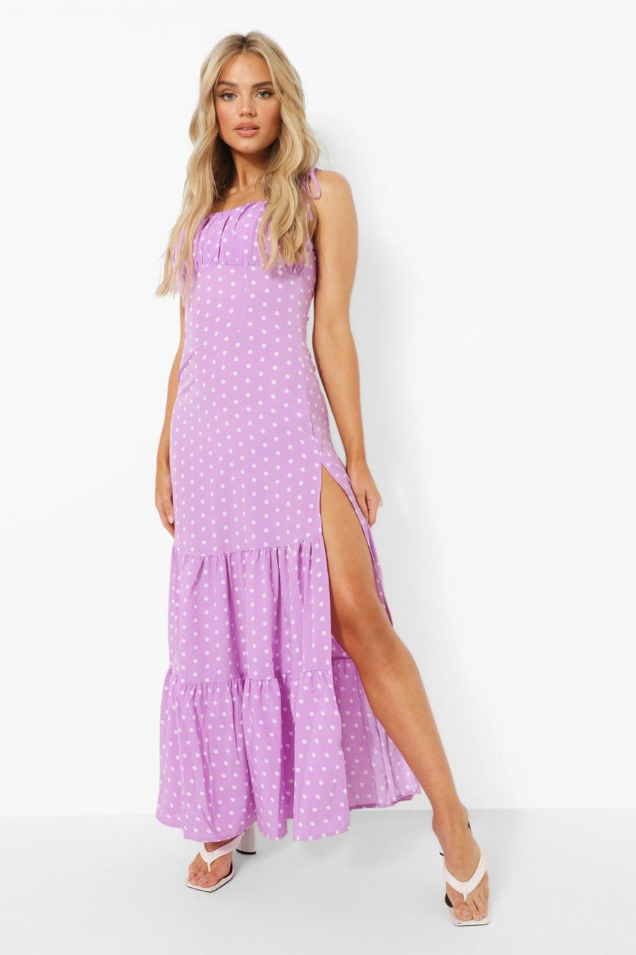 Lilac Polka Dot Ruched Bust Maxi Dress image number 1