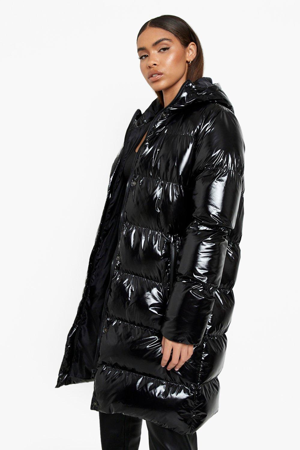 Longline Hooded High Shine Puffer Jacket