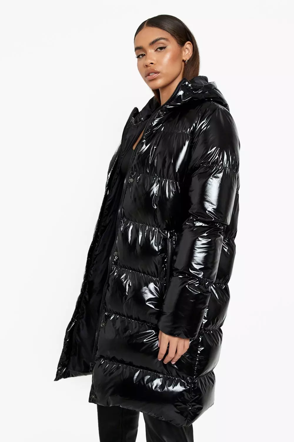 Long high shine padded on sale coat