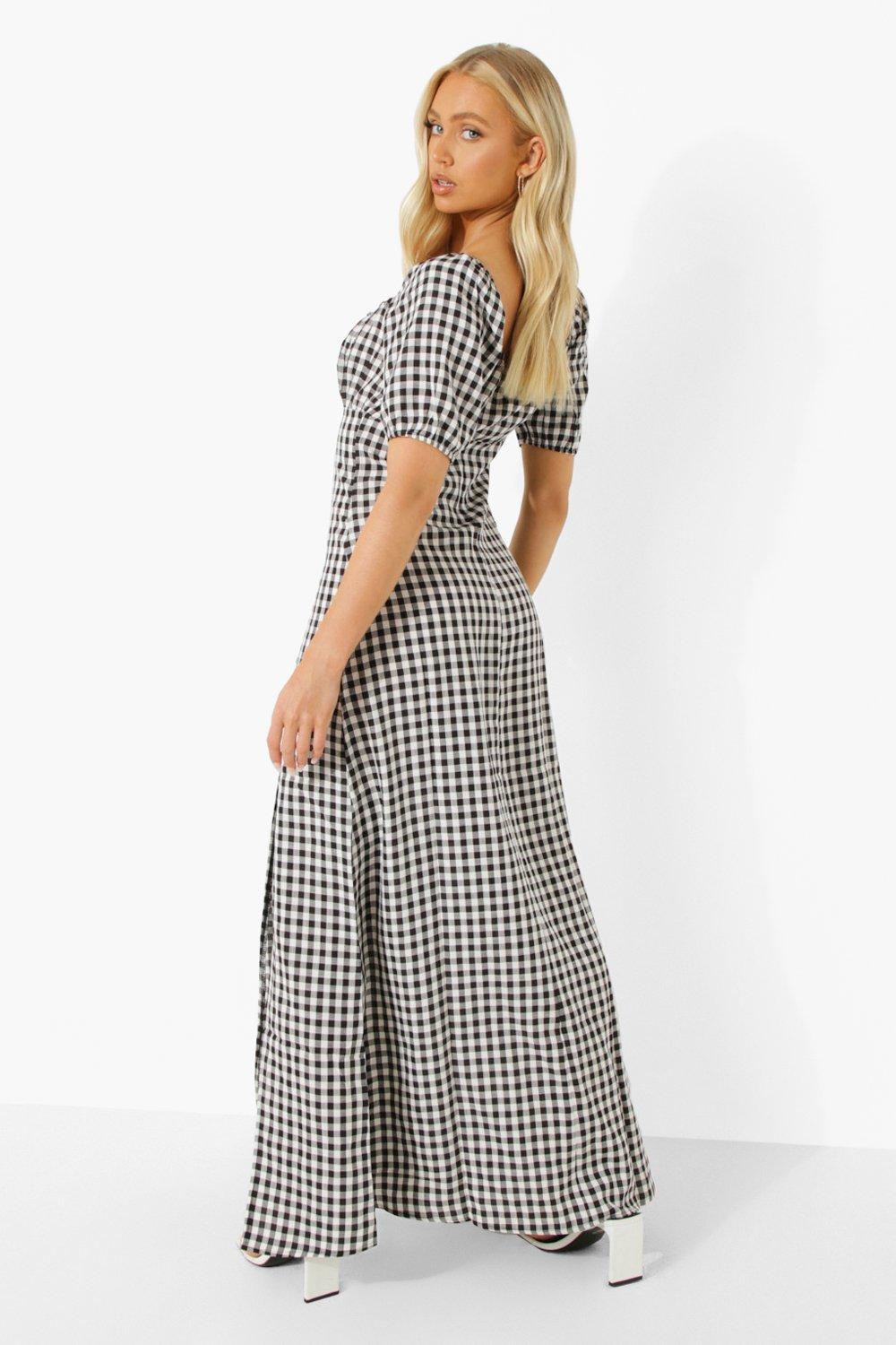 Robe longue en vichy encolure carr e fendue sur le c t boohoo