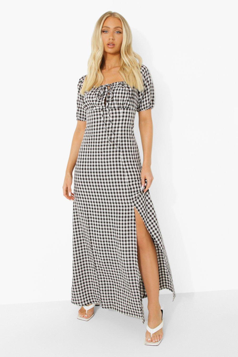 Robe longue en vichy encolure carr e fendue sur le c t boohoo