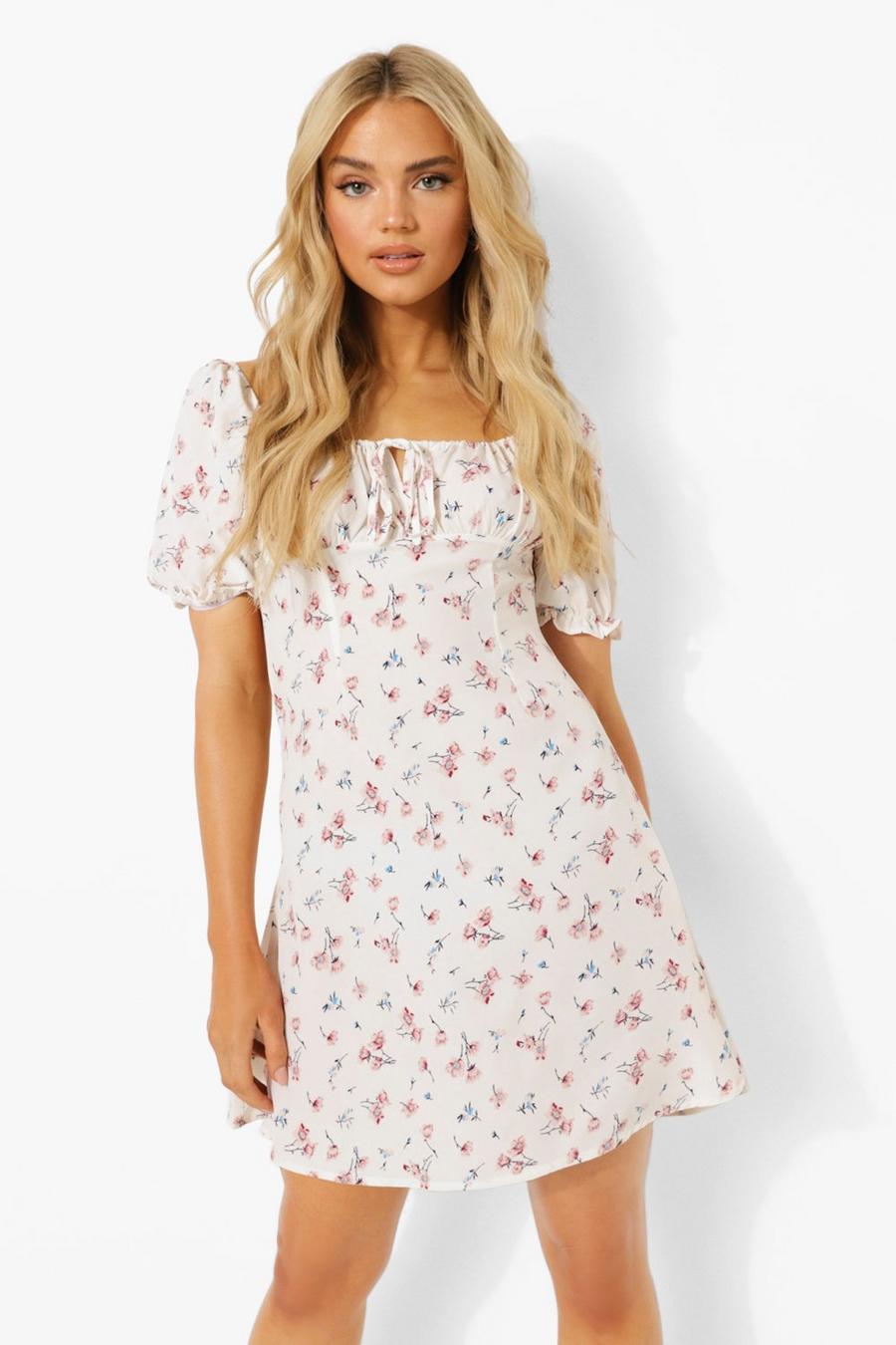 Cream Ditsy Floral Puff Sleeve Swing Dress image number 1