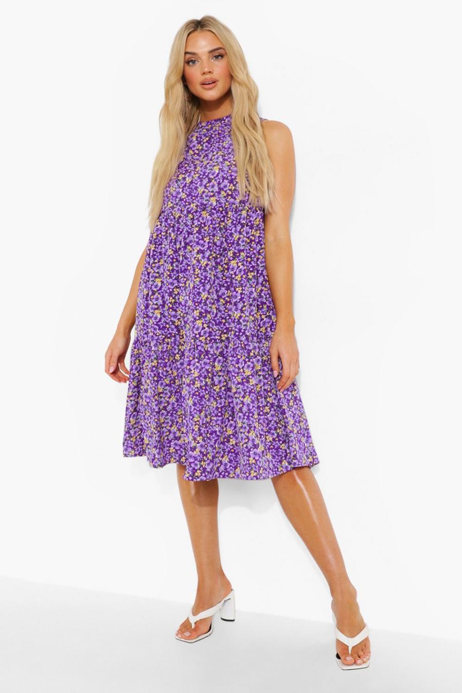 Purple Ditsy Floral Sleeveless Midi Smock Dress image number 1