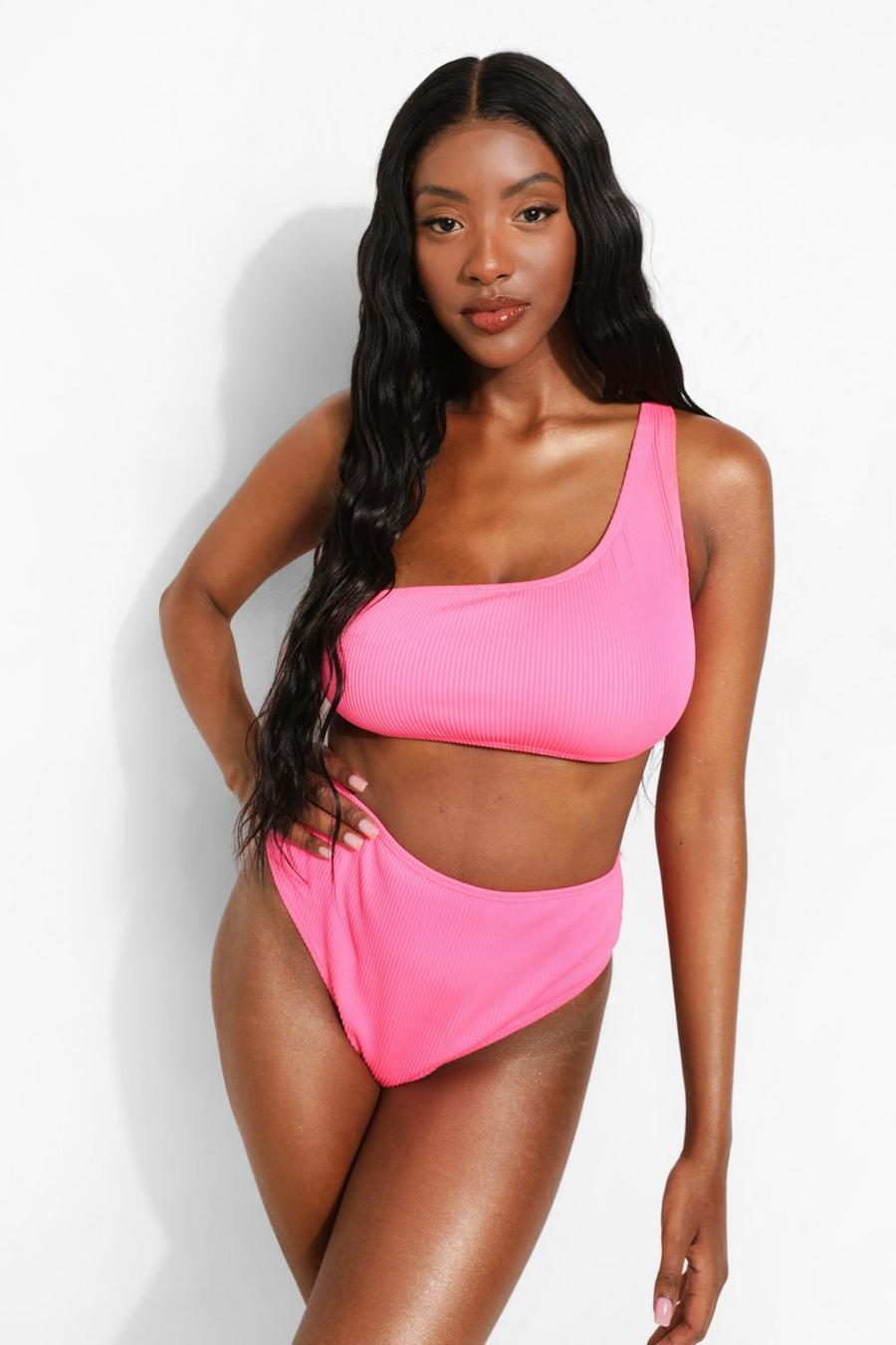 Pink Fuller Bust Ribbed One Shoulder Bikini Top image number 1