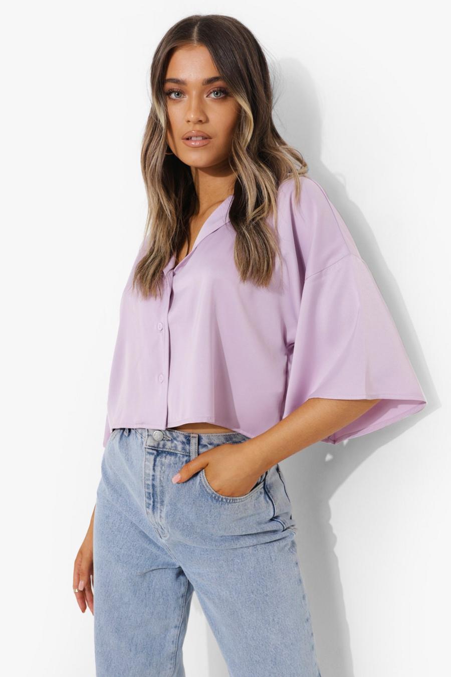 Lilac purple Oversize Crop Satin Shirt image number 1
