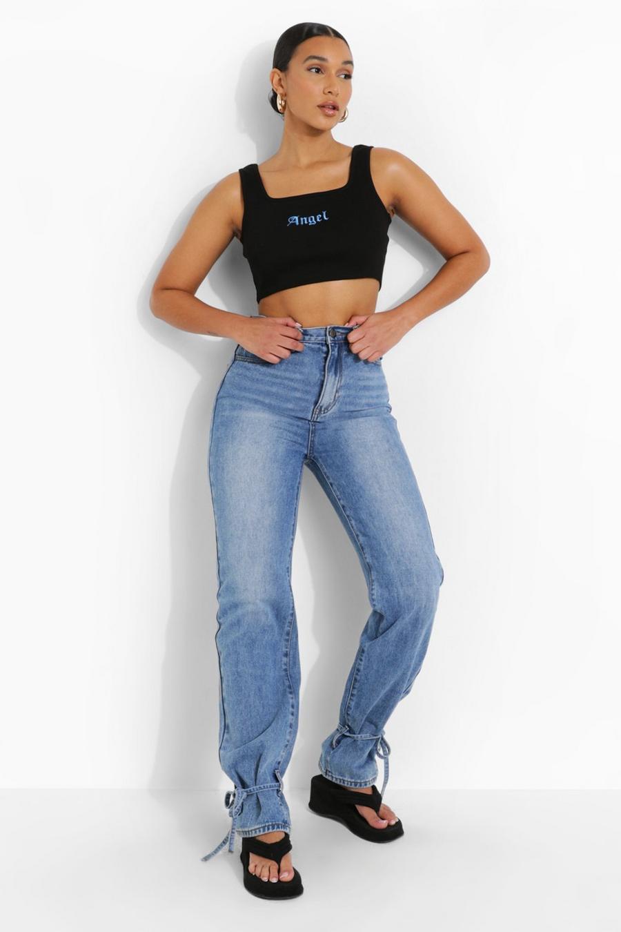 Mid blue High Waist Straight Leg Jeans With Ankle Ties image number 1