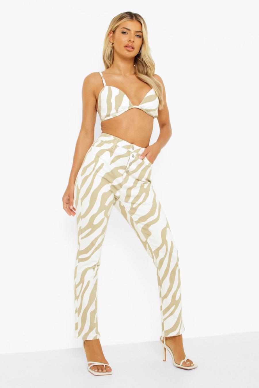 Taupe beige High Waist Zebra Print Straight Leg Jeans image number 1