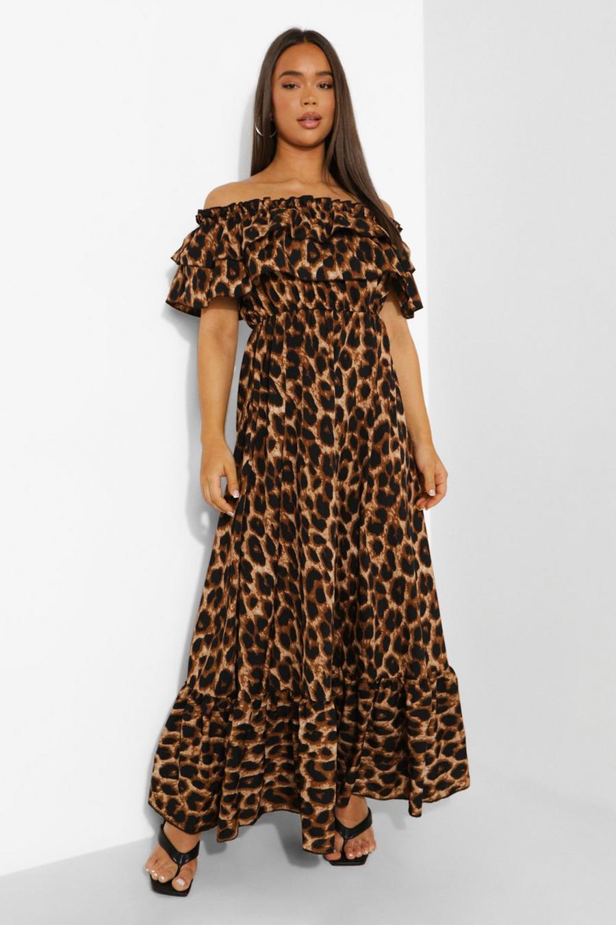 Brown Leopard  Ruffle Off The Shoulder Maxi Dress image number 1
