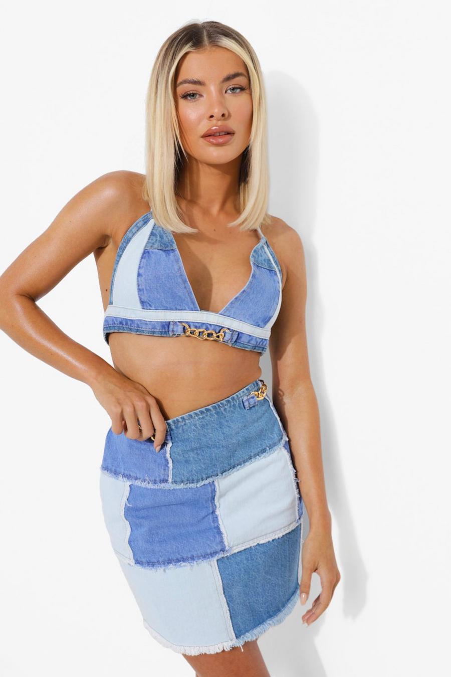 Top a bralette in denim effetto patchwork con catena, Blue image number 1