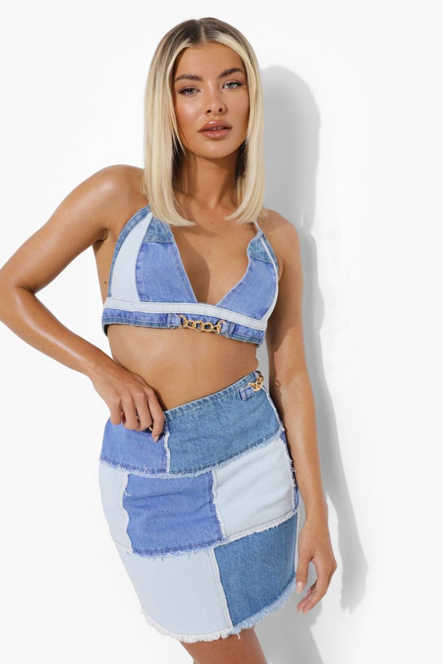 Blue Patchwork Denim Mini Skirt With Chain image number 1